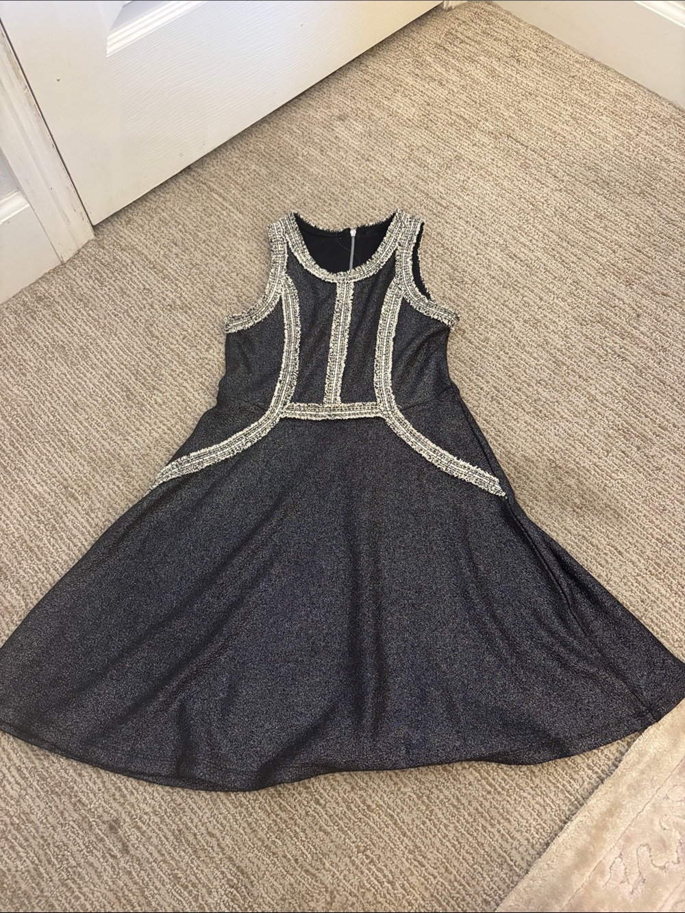 Sleeveless Sparkle Fit-and-Flare Dress with Beaded Trim - Black/Silver